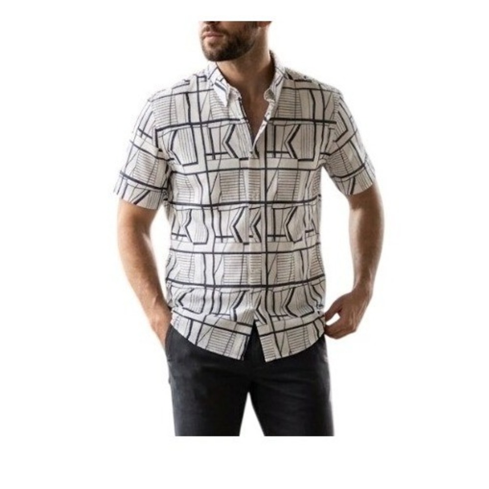 Club Monaco Camp Collar Slim Fit Button Down Shirt Black White Print XL